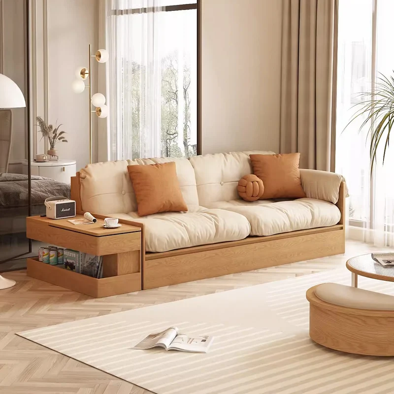 Multifunktionales High-Box-Sofa aus Stoff mit Armlehnen, Tisch und Schubladen