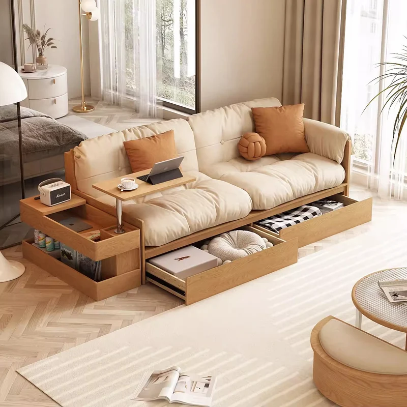 Multifunktionales High-Box-Sofa aus Stoff mit Armlehnen, Tisch und Schubladen
