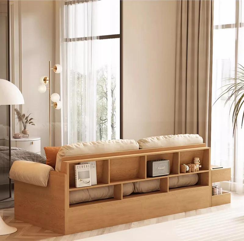 Multifunktionales High-Box-Sofa aus Stoff mit Armlehnen, Tisch und Schubladen