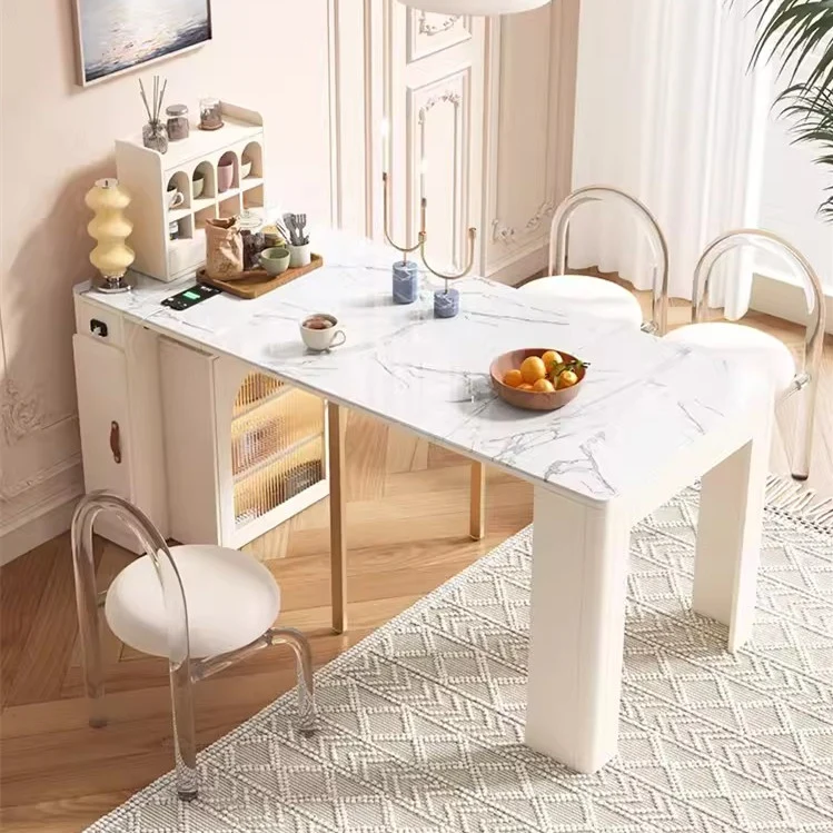 Moderner ausziehbarer Esstisch mit 4 Marmorblättern und Sideboard-Schrank