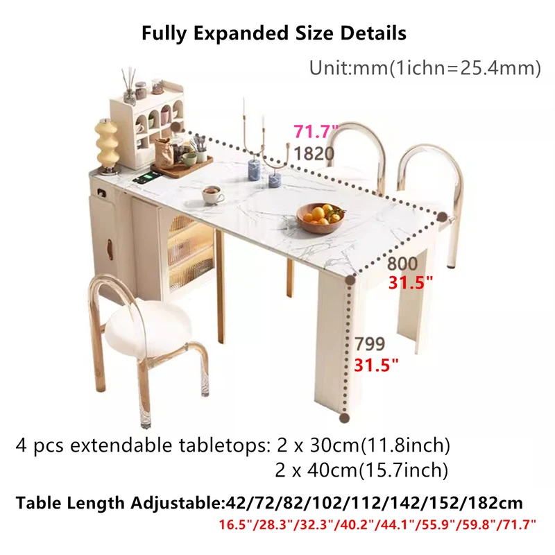 Moderner ausziehbarer Esstisch mit 4 Marmorblättern und Sideboard-Schrank
