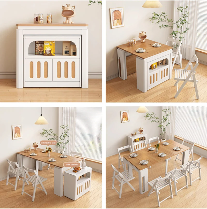 Moderner ausziehbarer Esstisch mit 4 Marmorblättern und Sideboard-Schrank