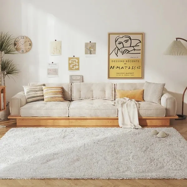 Japandi-Sofa aus Cordstoff mit Massivholzrahmen und Schubladen darunter
