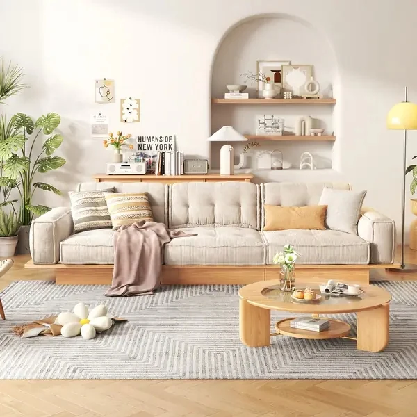 Japandi-Sofa aus Cordstoff mit Massivholzrahmen und Schubladen darunter