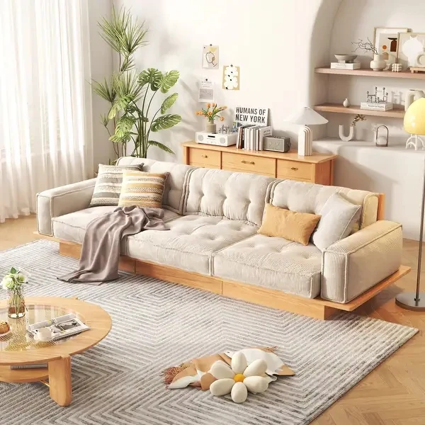 Japandi-Sofa aus Cordstoff mit Massivholzrahmen und Schubladen darunter