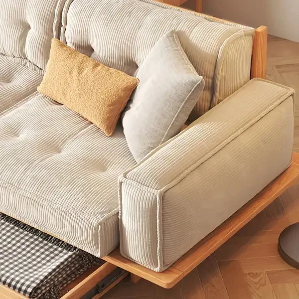 Japandi-Sofa aus Cordstoff mit Massivholzrahmen und Schubladen darunter