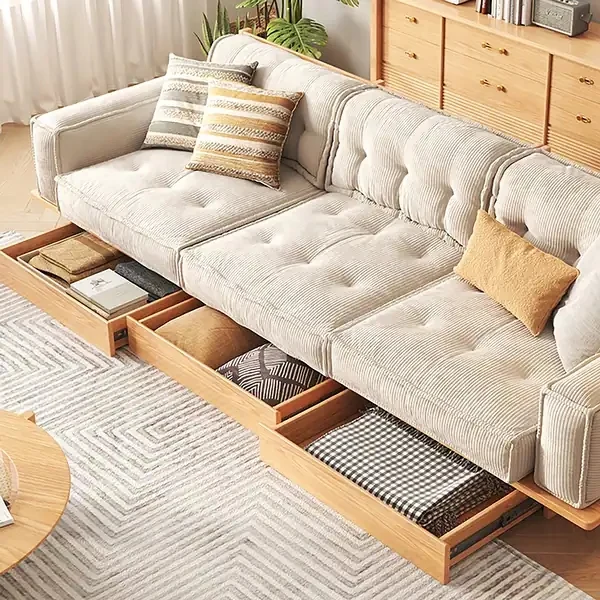 Japandi-Sofa aus Cordstoff mit Massivholzrahmen und Schubladen darunter
