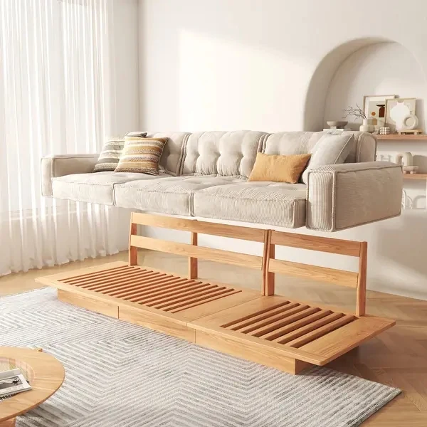 Japandi-Sofa aus Cordstoff mit Massivholzrahmen und Schubladen darunter