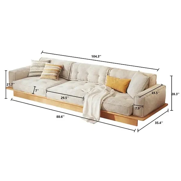 Japandi-Sofa aus Cordstoff mit Massivholzrahmen und Schubladen darunter