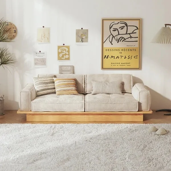 Japandi-Sofa aus Cordstoff mit Massivholzrahmen und Schubladen darunter