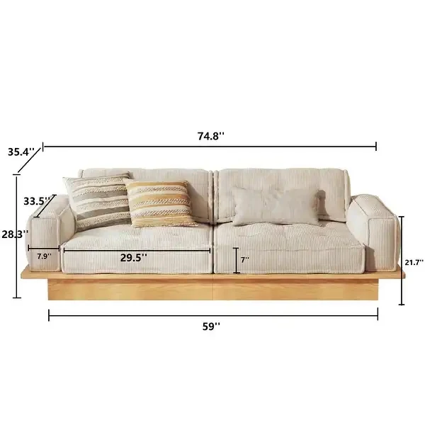 Japandi-Sofa aus Cordstoff mit Massivholzrahmen und Schubladen darunter
