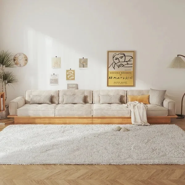 Japandi-Sofa aus Cordstoff mit Massivholzrahmen und Schubladen darunter