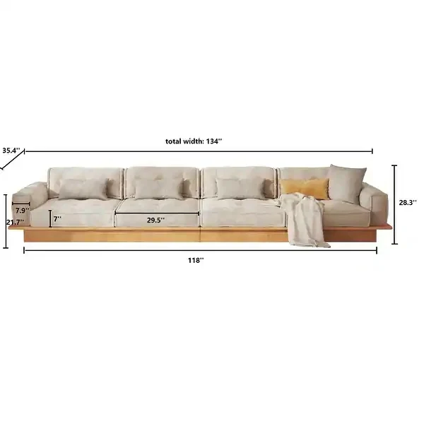 Japandi-Sofa aus Cordstoff mit Massivholzrahmen und Schubladen darunter