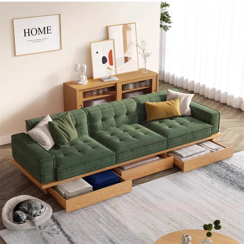 Japandi-Sofa aus Cordstoff mit Massivholzrahmen und Schubladen darunter