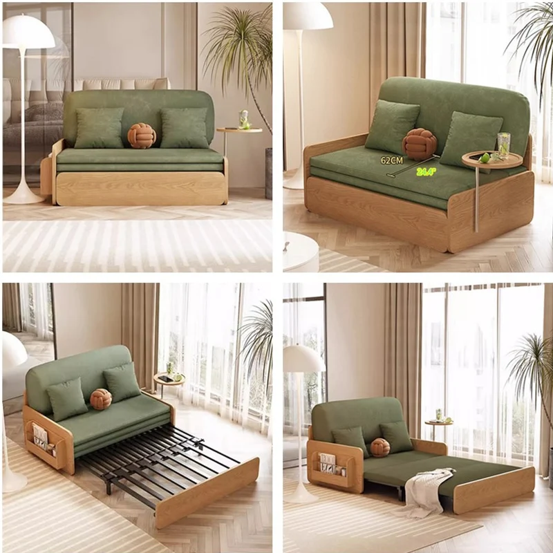 Ausziehbares Schlafsofa aus Cordstoff im Japandi-Log-Stil mit drehbarer Armlehnenablage und Stauraum