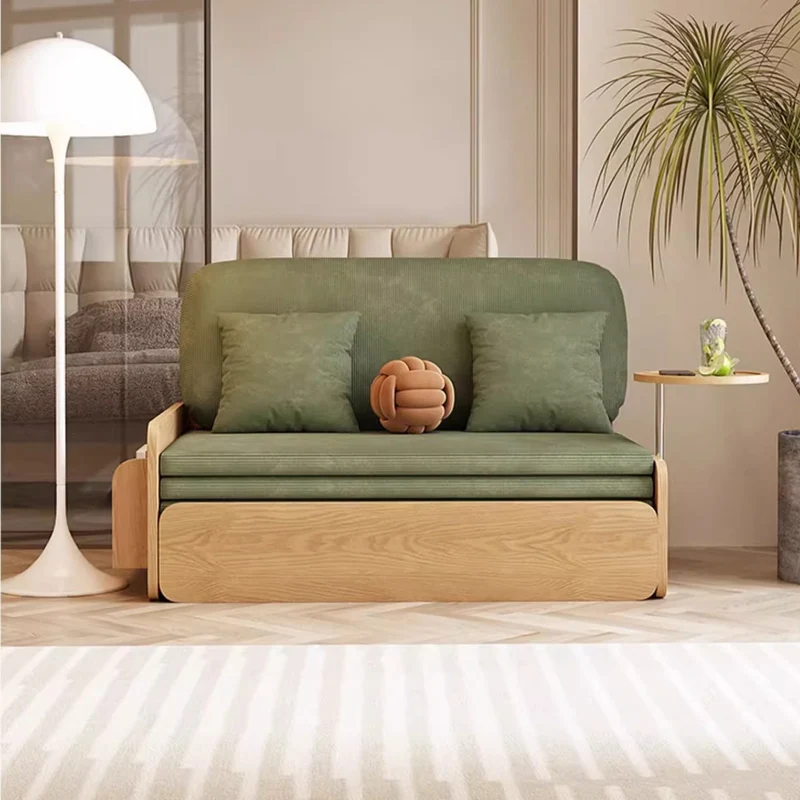Ausziehbares Schlafsofa aus Cordstoff im Japandi-Log-Stil mit drehbarer Armlehnenablage und Stauraum