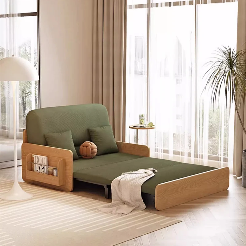 Ausziehbares Schlafsofa aus Cordstoff im Japandi-Log-Stil mit drehbarer Armlehnenablage und Stauraum