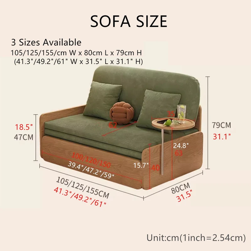 Ausziehbares Schlafsofa aus Cordstoff im Japandi-Log-Stil mit drehbarer Armlehnenablage und Stauraum