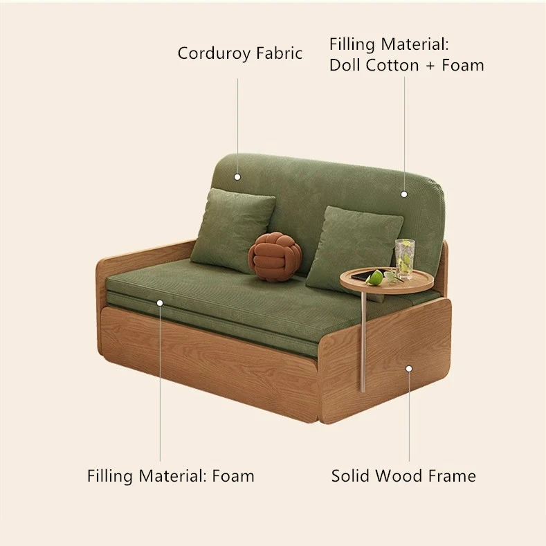 Ausziehbares Schlafsofa aus Cordstoff im Japandi-Log-Stil mit drehbarer Armlehnenablage und Stauraum