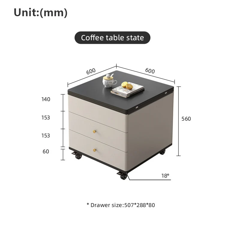 Multifunktionaler moderner anheb- und erweiterbarer Couchtisch mit Schubladen und Universalrädern