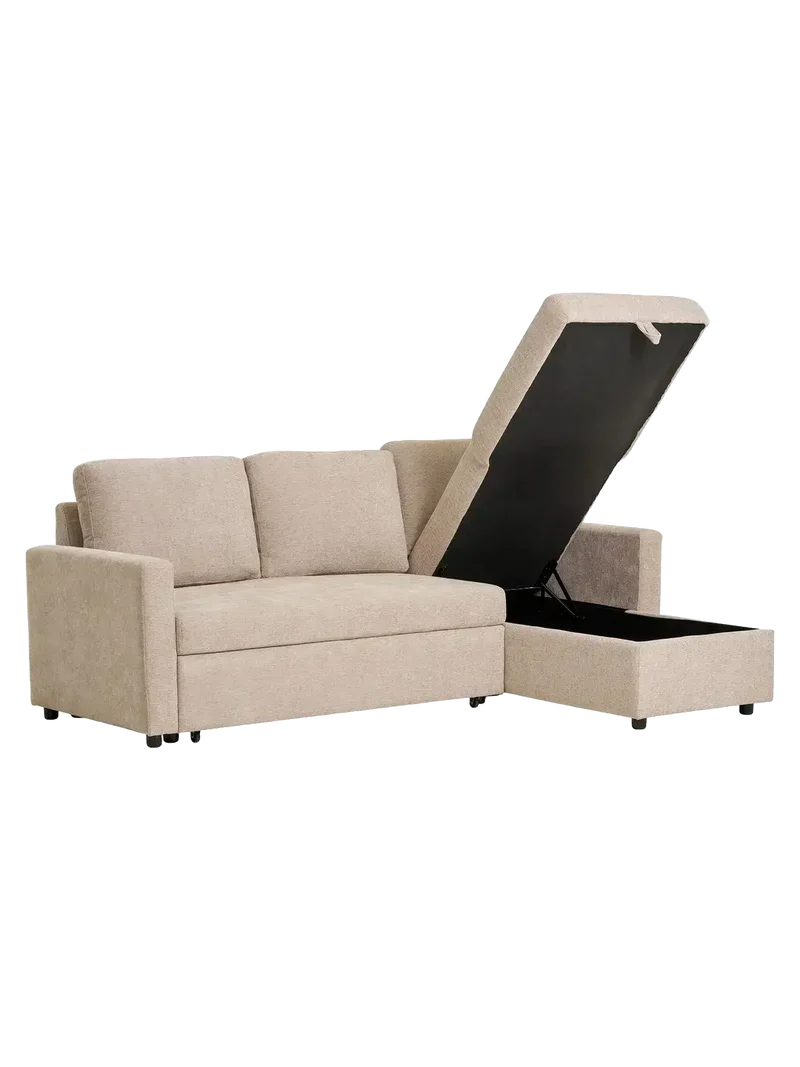 Belfast Schlafsofa mit Récamiere, dunkles Sand, Beine natur