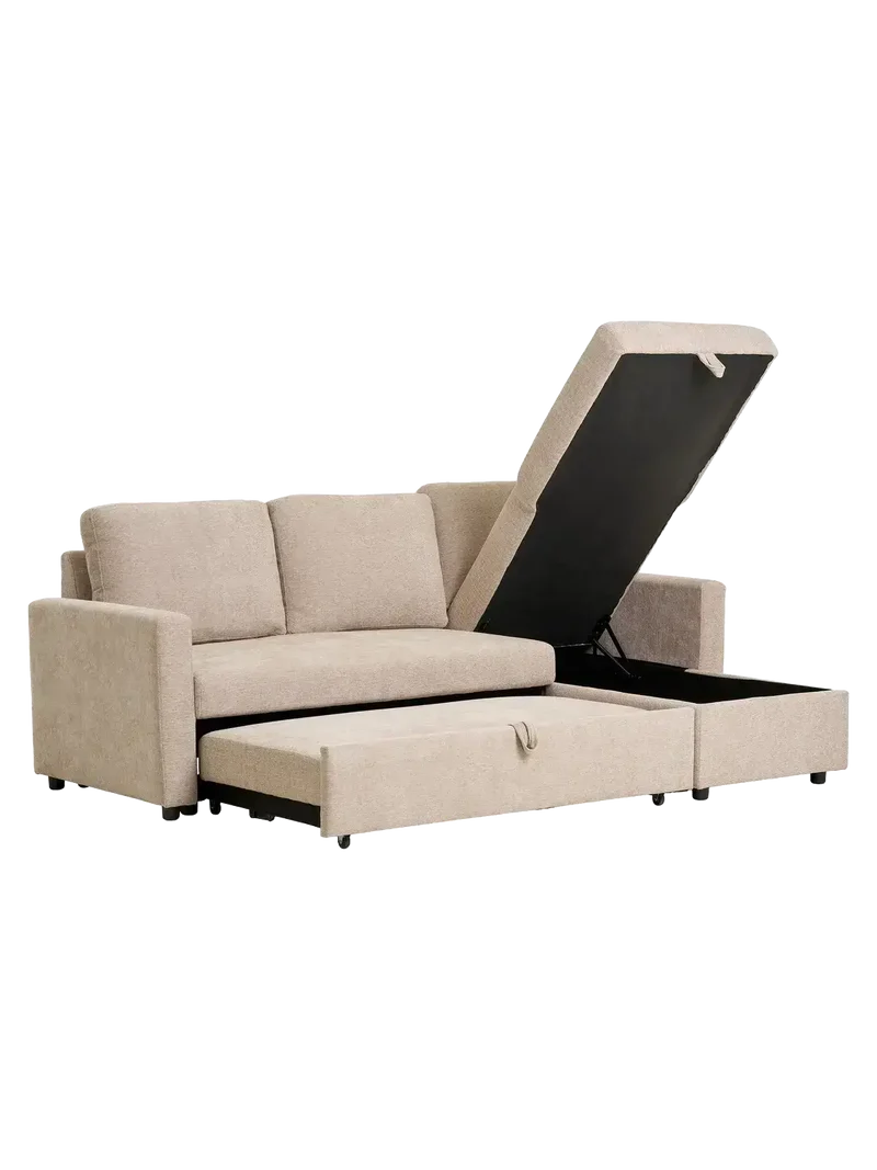 Belfast Schlafsofa mit Récamiere, dunkles Sand, Beine natur