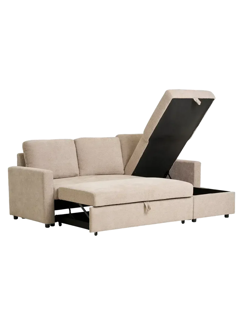 Belfast Schlafsofa mit Récamiere, dunkles Sand, Beine natur