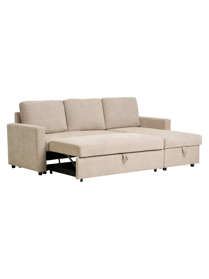 Belfast Schlafsofa mit Récamiere, dunkles Sand, Beine natur