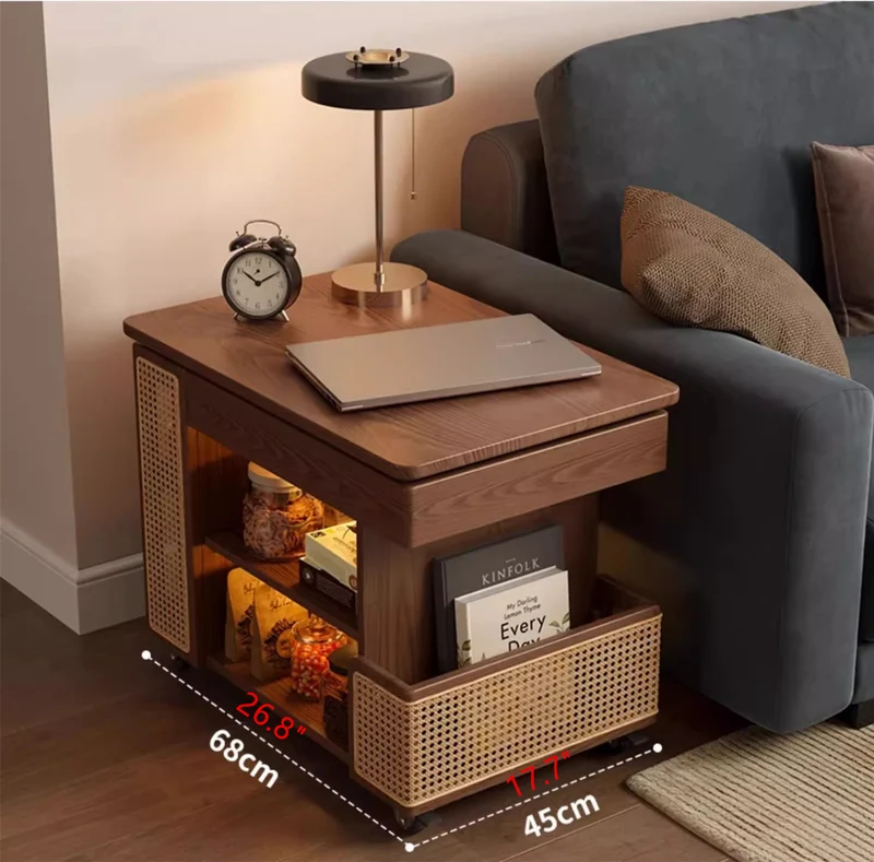 Anhebbarer Couchtisch aus Massivholz mit Stauraum und Universalrollen