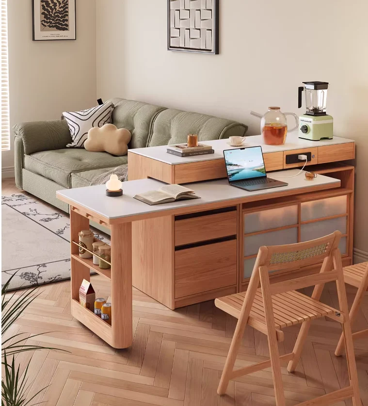 Drehbarer Inseltisch mit Stuhlablage und Sideboard-Schrank