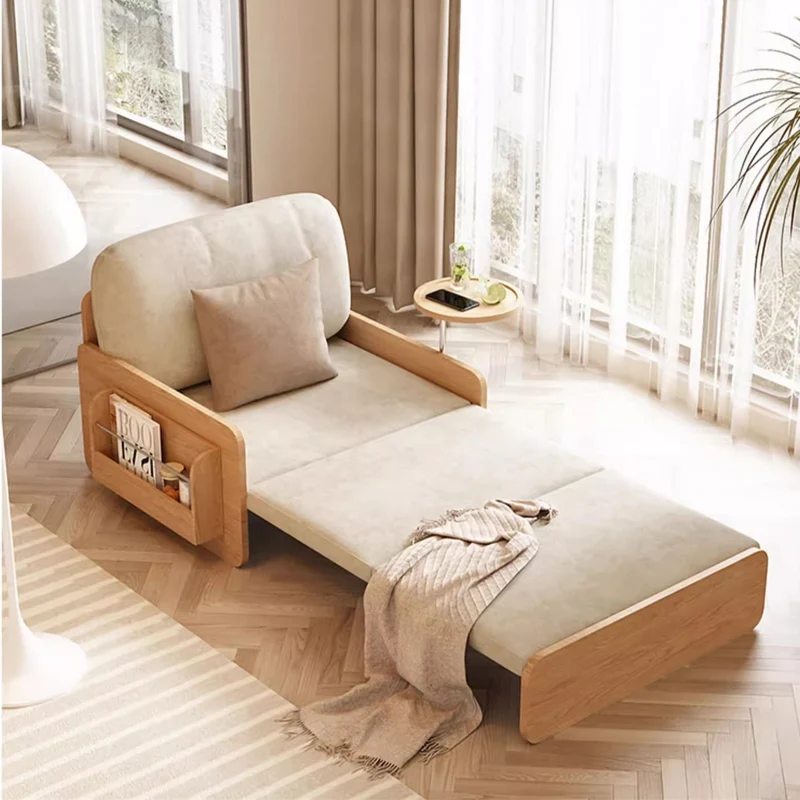 Ausziehbares Schlafsofa im Japandi-Holzblockstil mit drehbarer Armlehnenablage und Stauraum