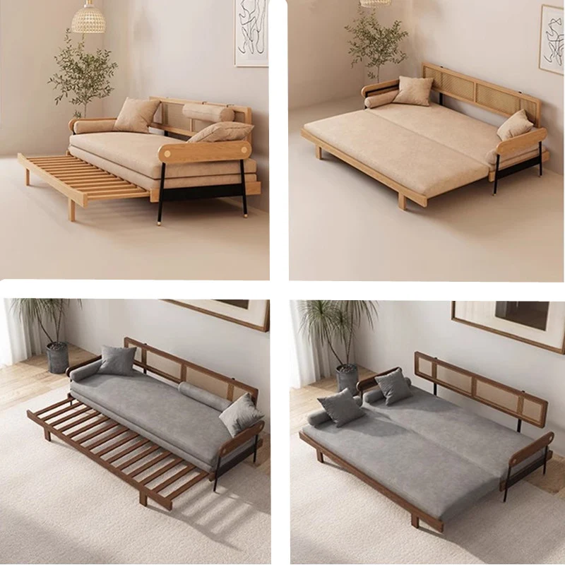 Japandi-Sofabett aus massivem Holz mit Rattan-Rückenstütze