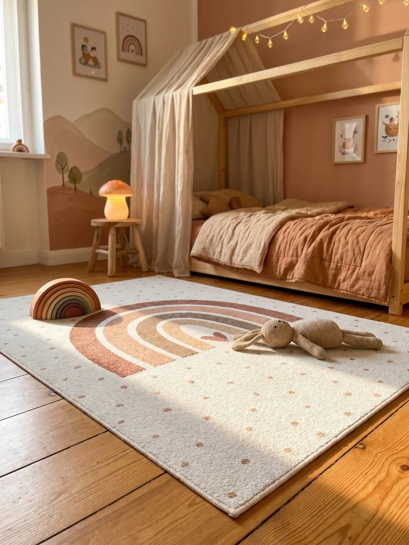 Kinderteppich Regenbogen & Herz Waschbar mit Rutschstopp