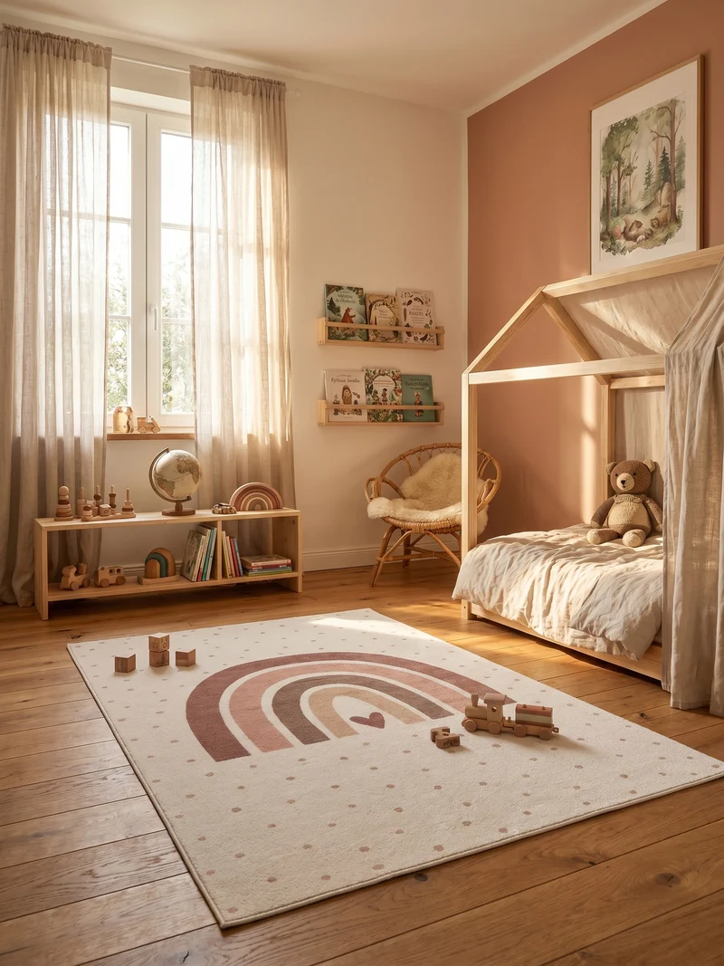 Kinderteppich Regenbogen & Herz Waschbar mit Rutschstopp