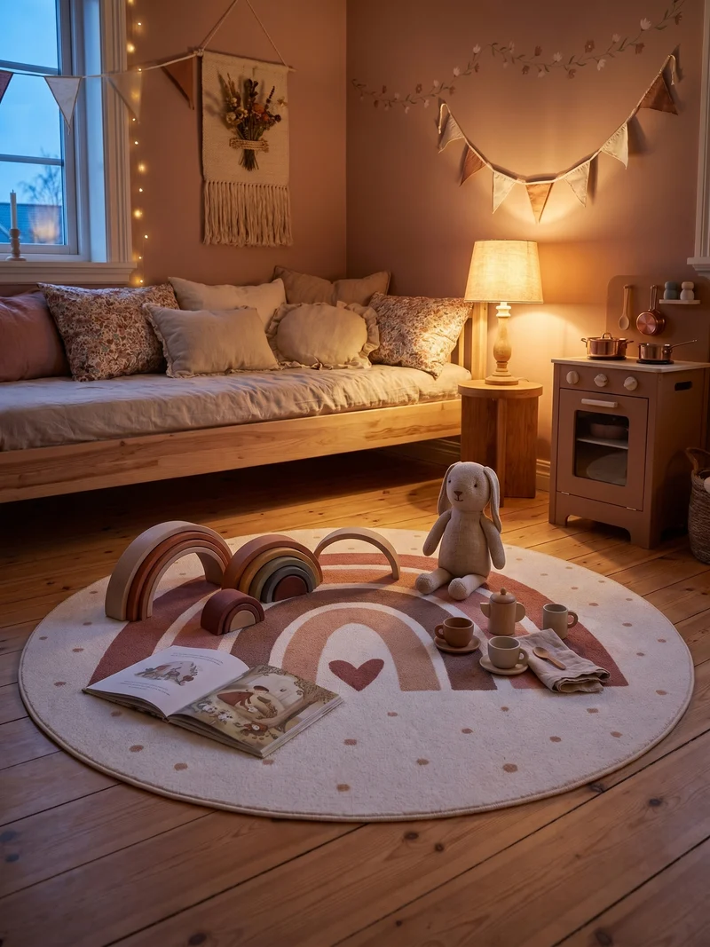 Kinderteppich Regenbogen & Herz Waschbar mit Rutschstopp