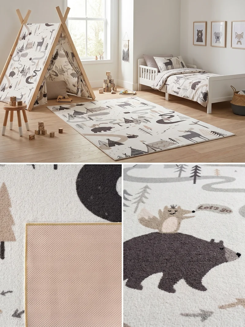 Kinderteppich Waldtiere Spielteppich Waschbar