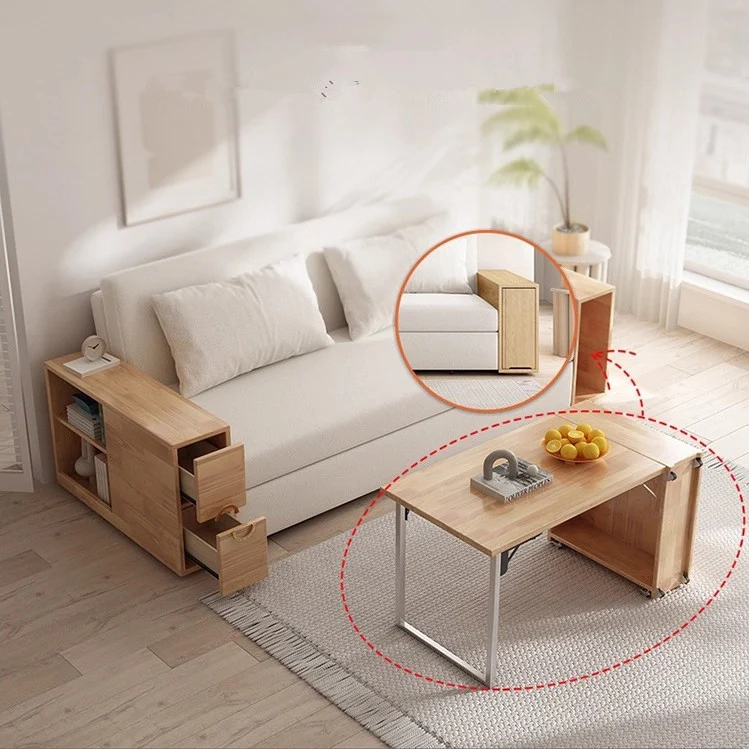 3-in-1-Schlafsofa mit versteckter Schreibtisch-Armlehne und Stauraum darunter