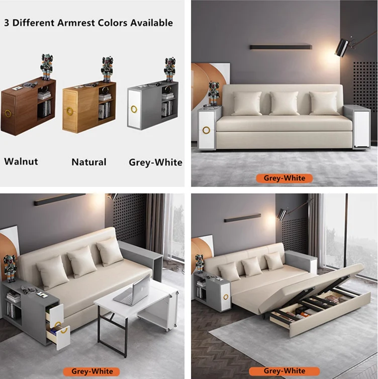 3-in-1-Schlafsofa mit versteckter Schreibtisch-Armlehne und Stauraum darunter