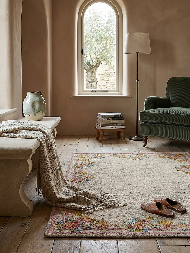 Wollteppich Blumenbordüre · 100 % Wolle · handgetuftet · 8 mm Kurzflor
