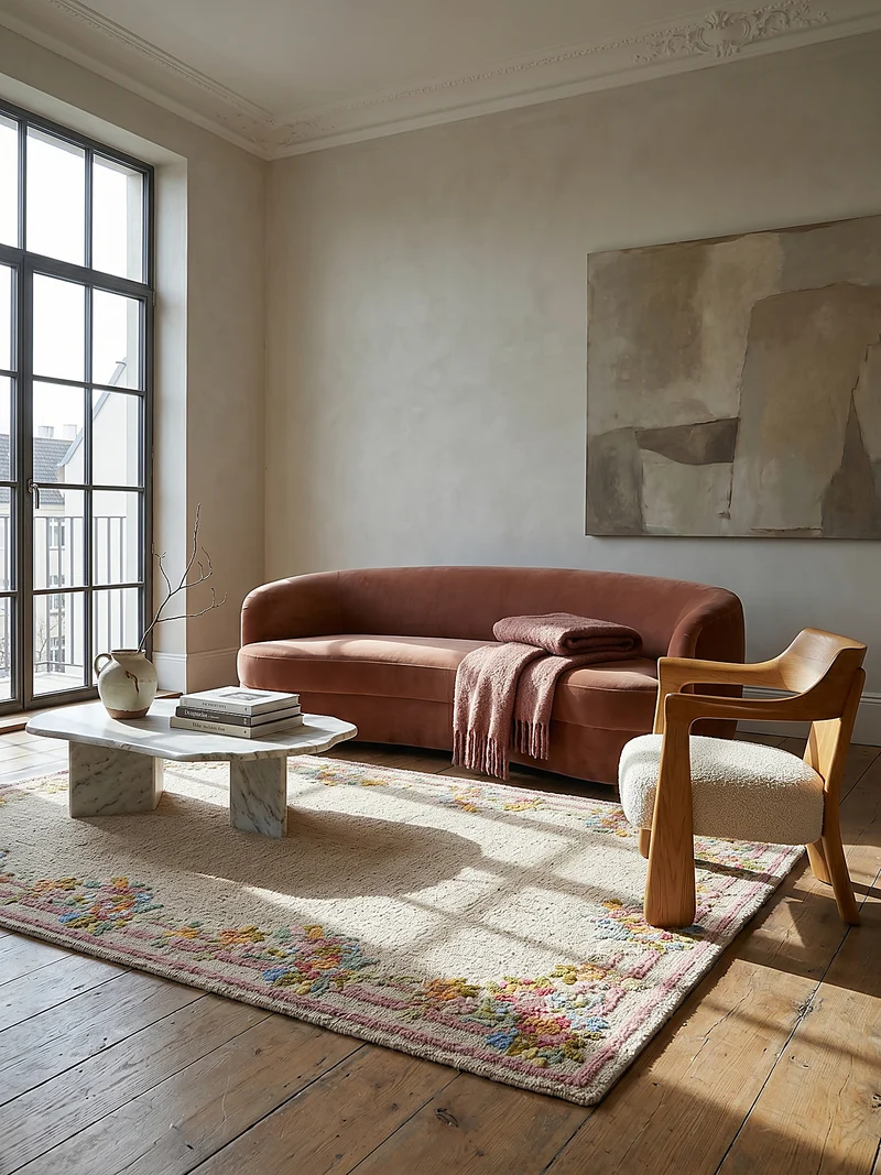 Wollteppich Blumenbordüre · 100 % Wolle · handgetuftet · 8 mm Kurzflor