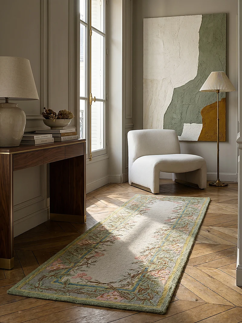 Wollteppich Blumenbordüre · 100 % Wolle · 8 mm Kurzflor