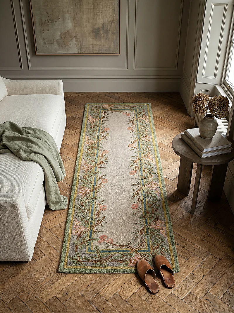 Wollteppich Blumenbordüre · 100 % Wolle · 8 mm Kurzflor