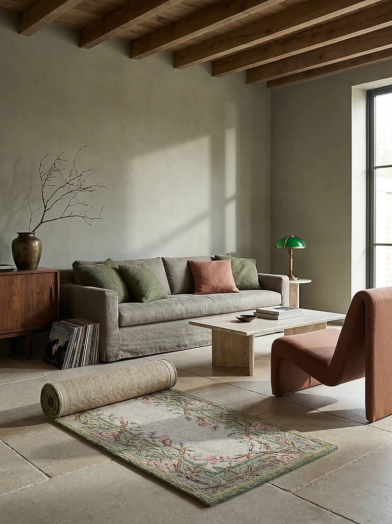 Wollteppich Blumenbordüre · 100 % Wolle · 8 mm Kurzflor
