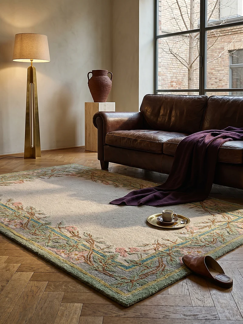 Wollteppich Blumenbordüre · 100 % Wolle · 8 mm Kurzflor