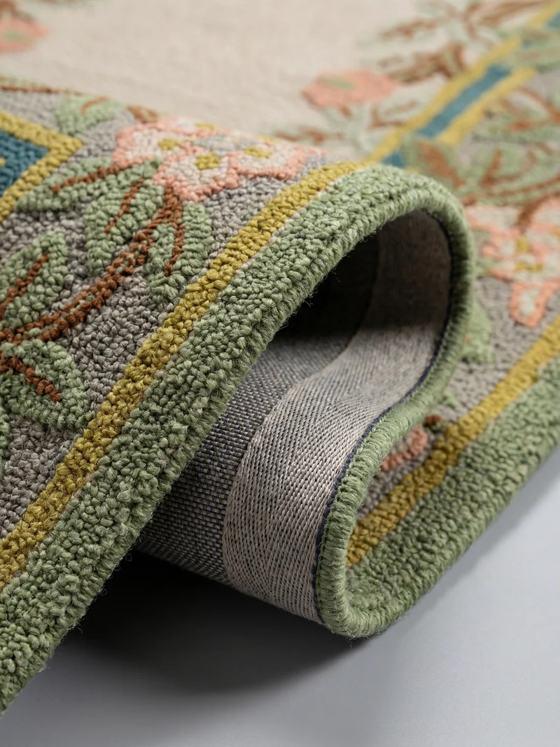 Wollteppich Blumenbordüre · 100 % Wolle · 8 mm Kurzflor