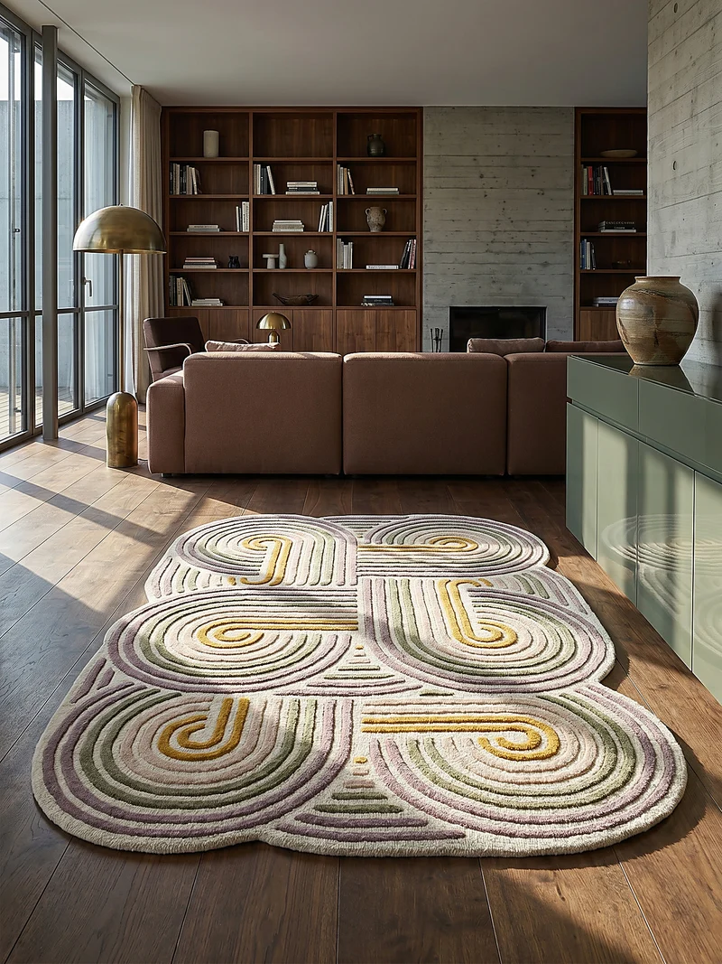 Wollteppich Spiralform · 100 % Wolle · handgetuftet