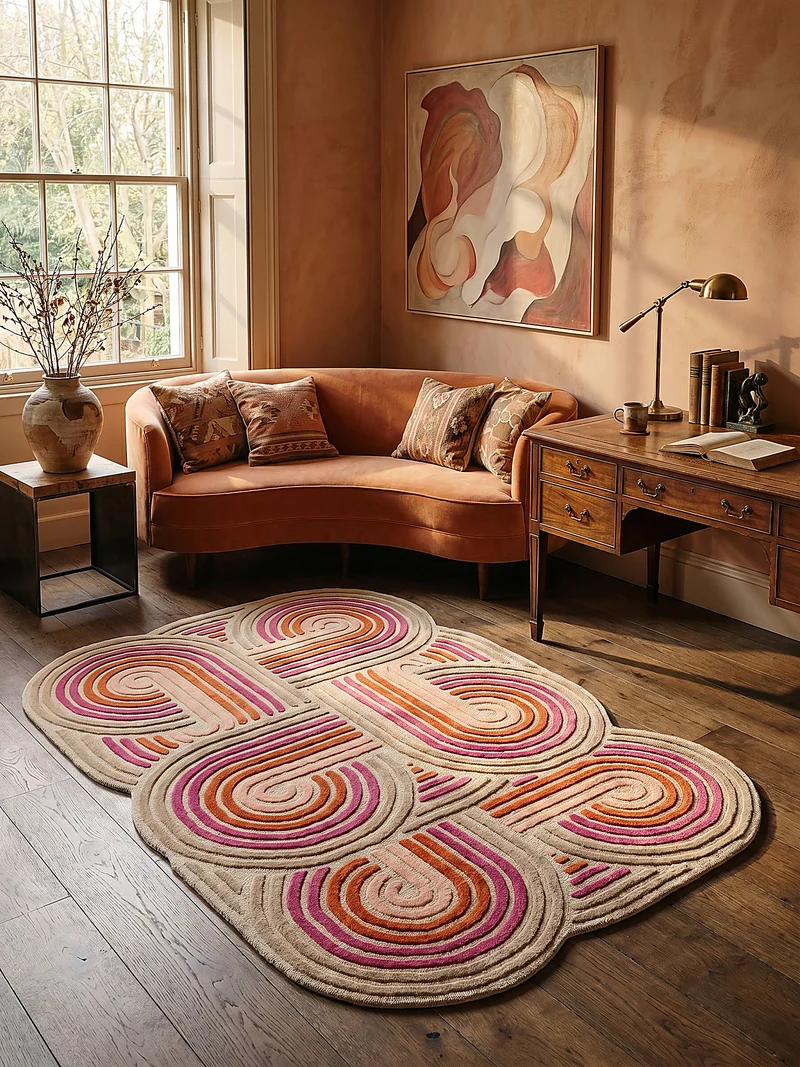 Wollteppich Spiralform · 100 % Wolle · handgetuftet