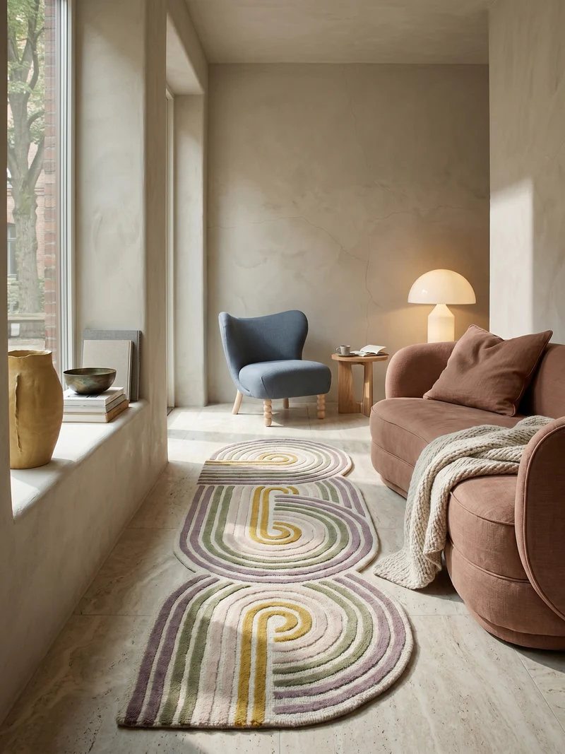 Wollteppich Spiralform · 100 % Wolle · handgetuftet