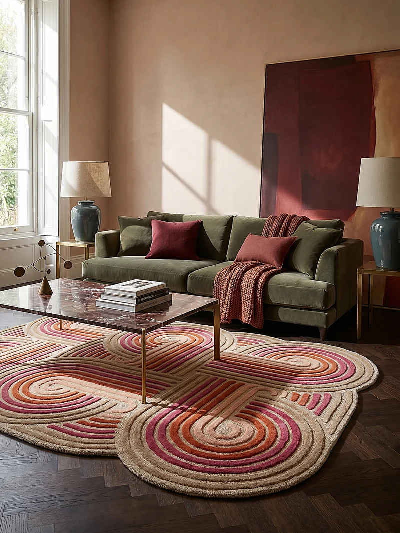 Wollteppich Spiralform · 100 % Wolle · handgetuftet