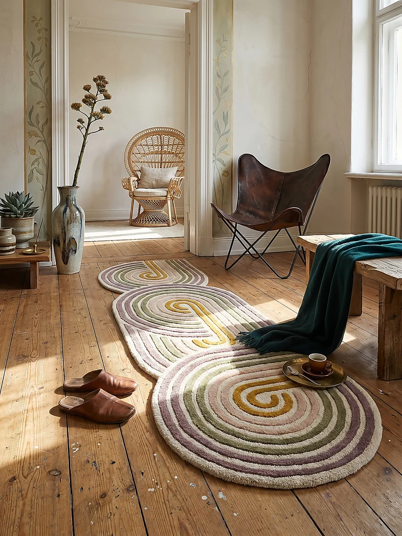 Wollteppich Spiralform · 100 % Wolle · handgetuftet